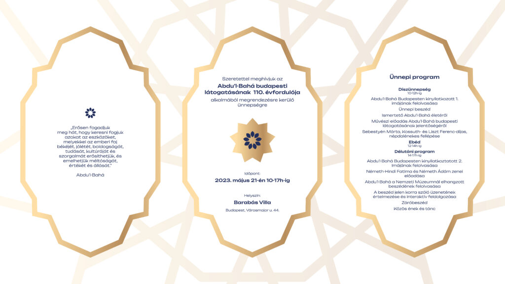 Meghívó 'Abdu'l-Bahá budapesti látogatásának 110. évfordulójára